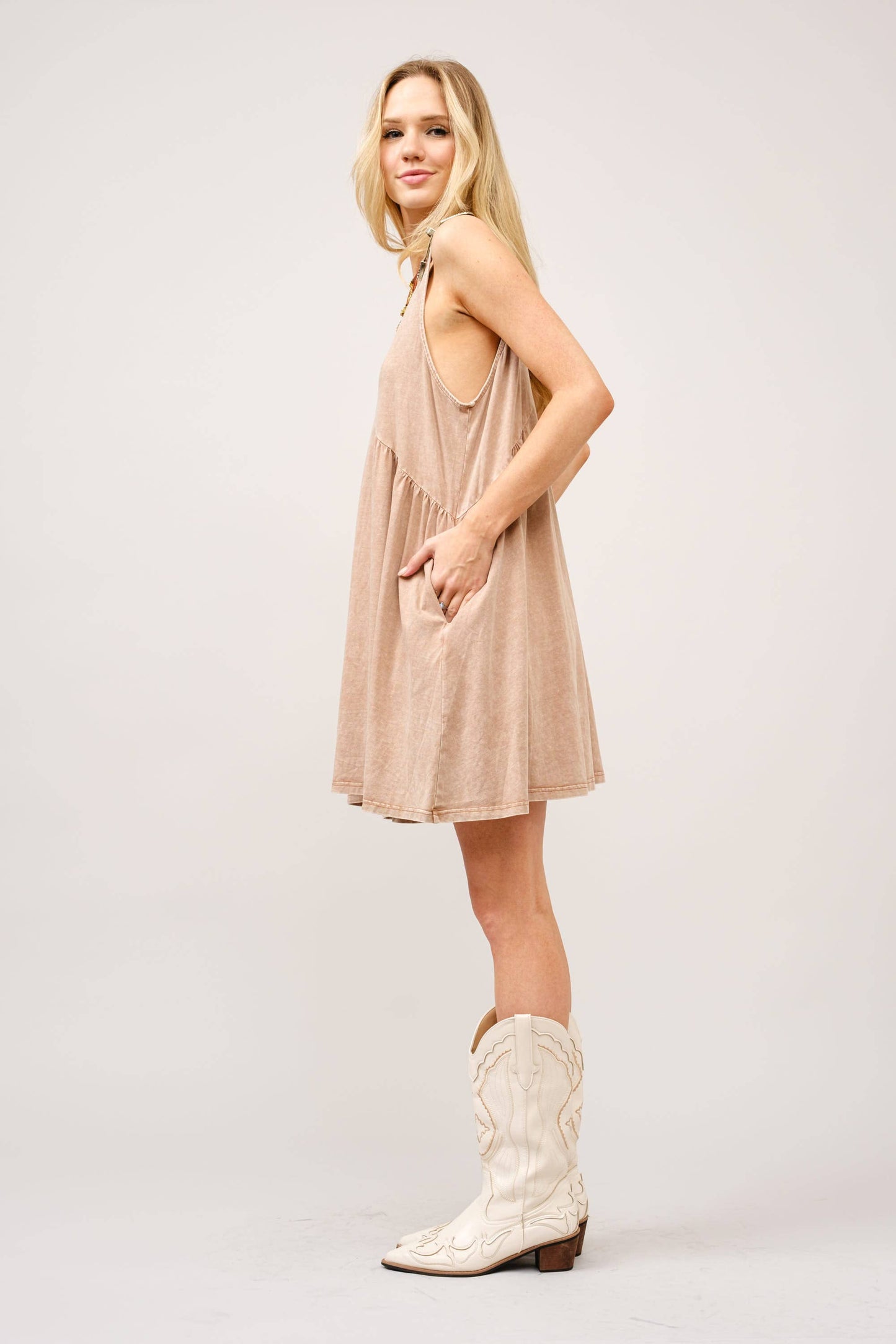 V Neck Buckle Babydoll Dress