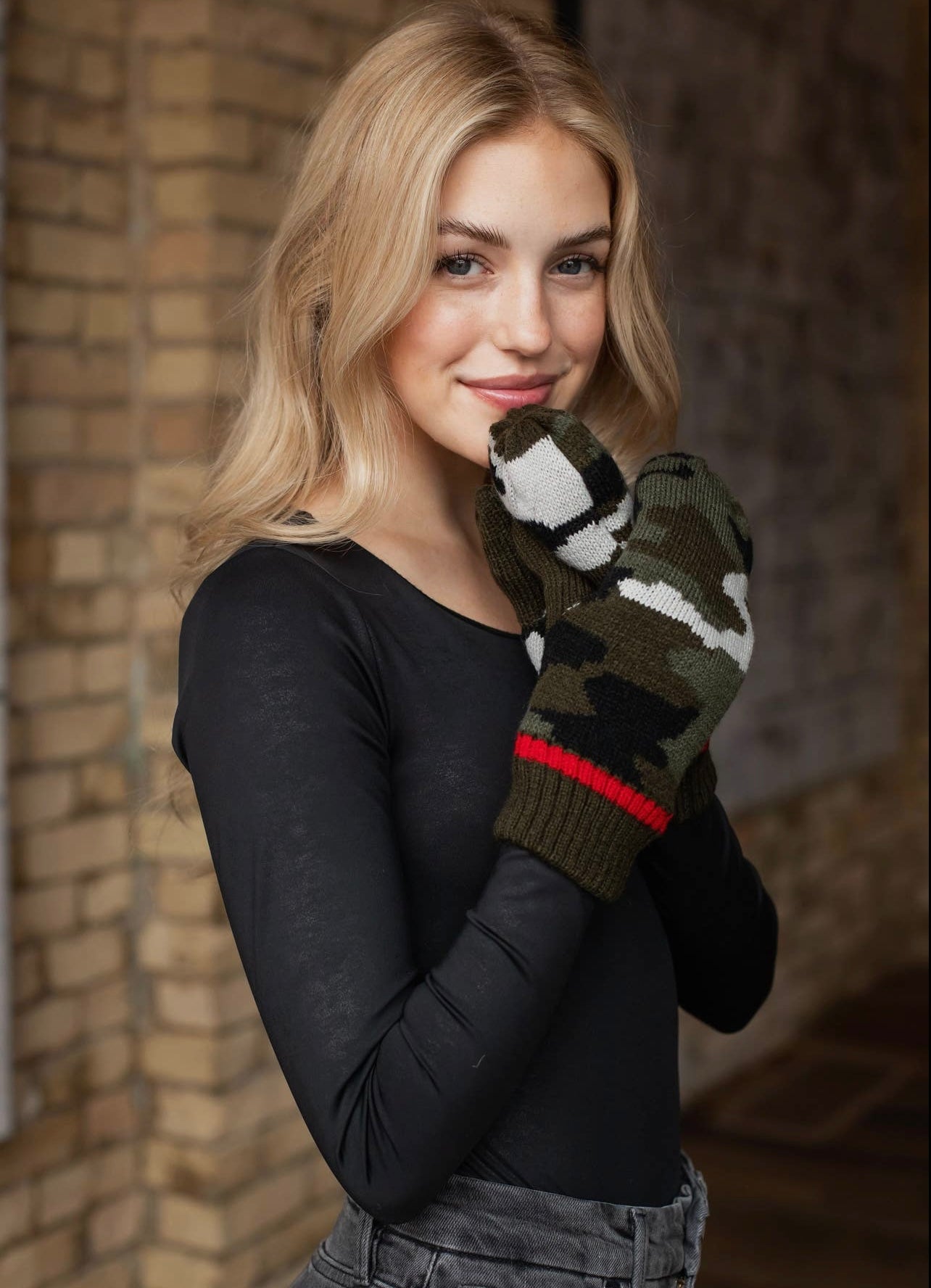 Red Stripe Camo Mittens