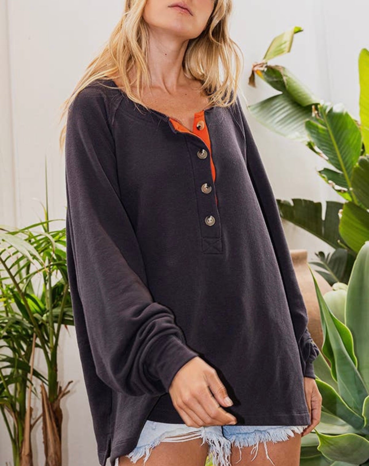 Pop of Orange Oversized Henley