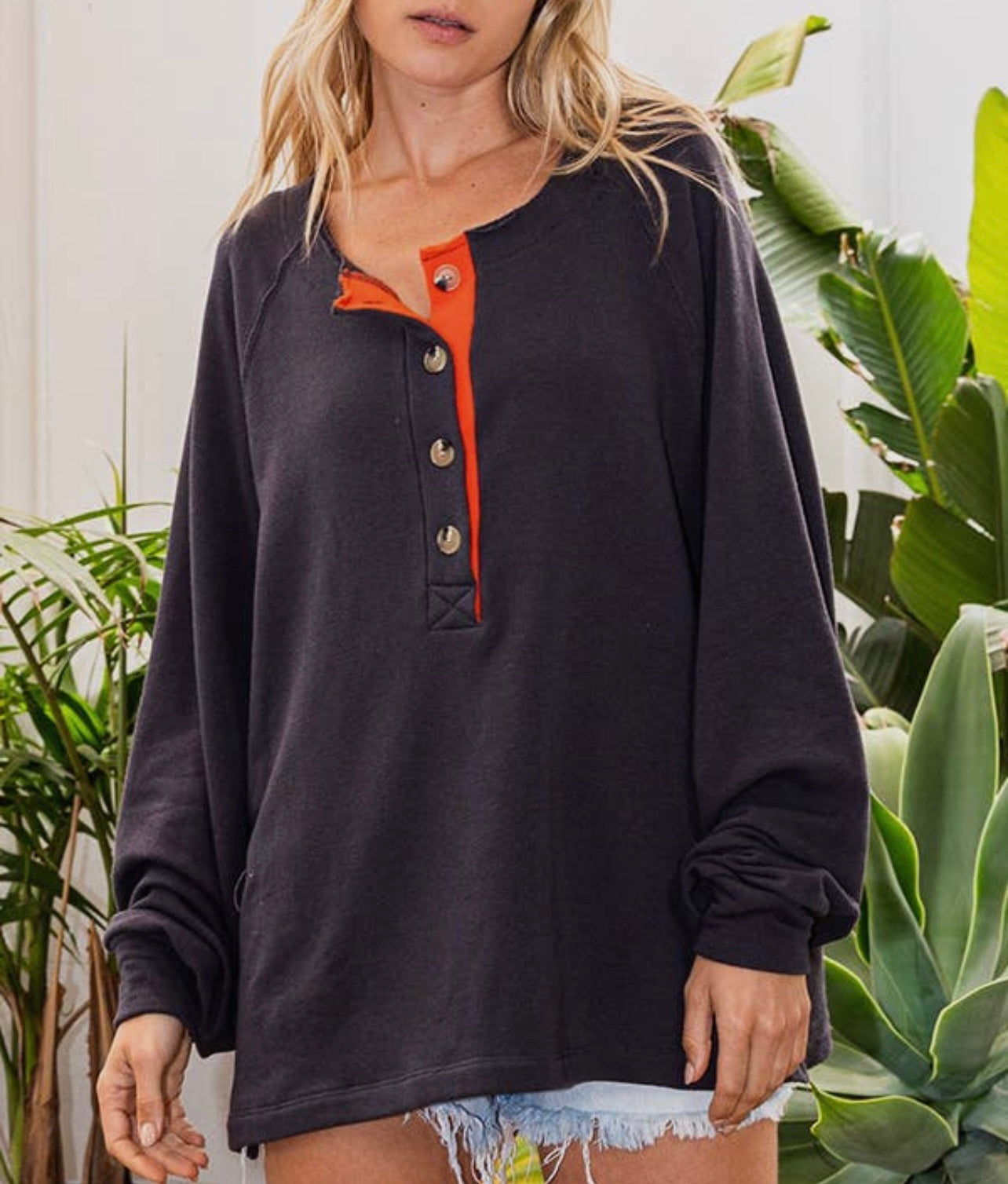 Pop of Orange Oversized Henley