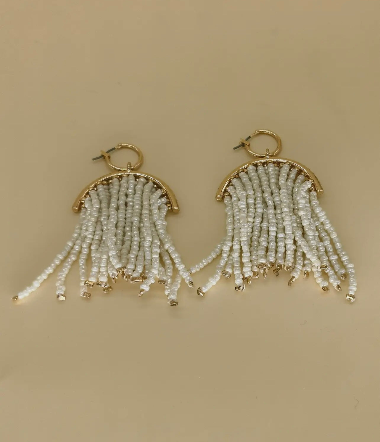 White Bead Curtain Earrings