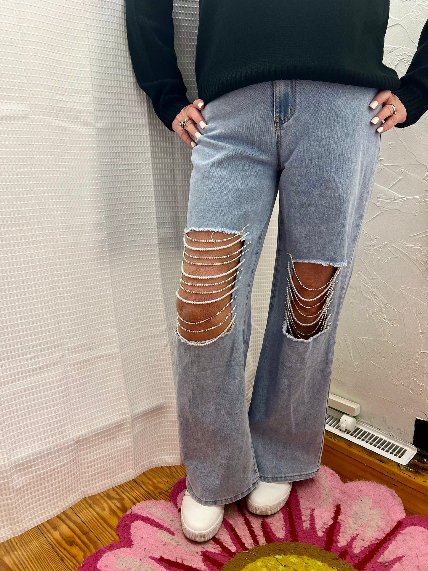 Rhinestone Pearl Rip Jeans