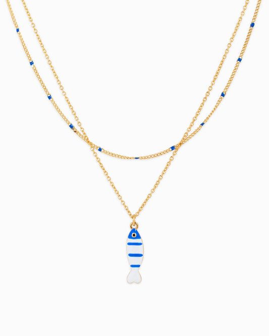 Layered Blue Fish Charm Necklace