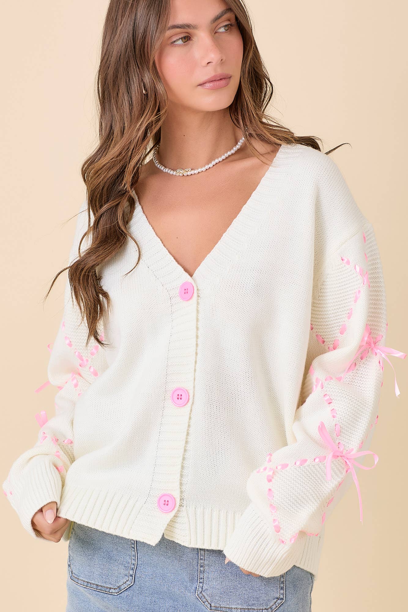 Ivory Cardigan w/ Satin Bow Detail