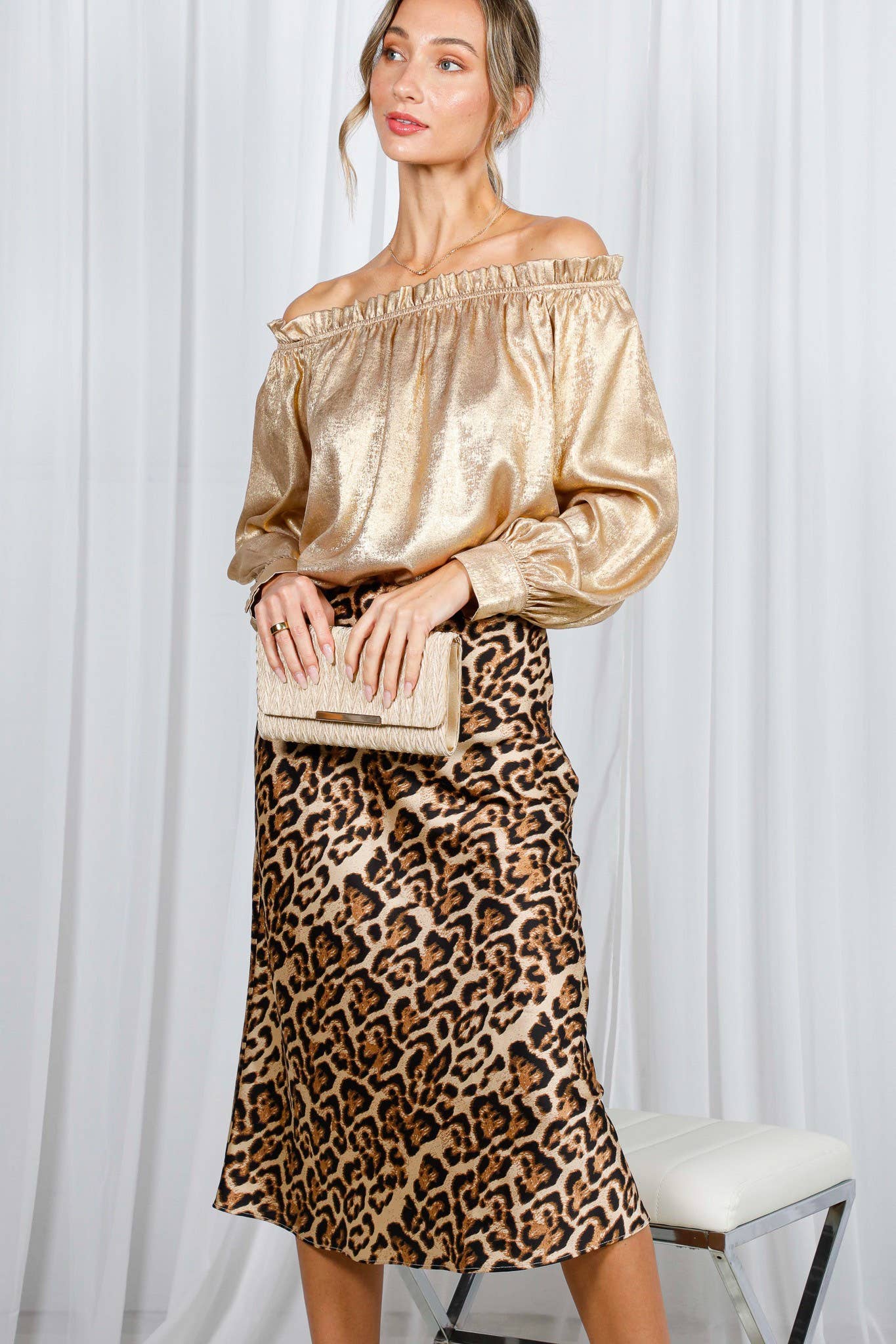 Leopard Satin Midi Skirt