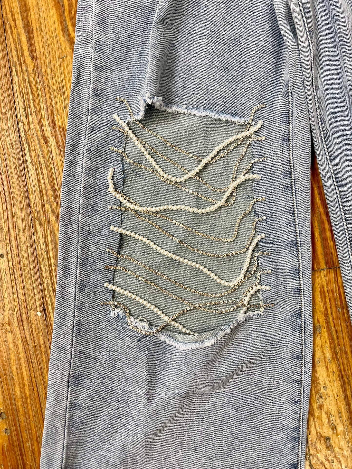 Rhinestone Pearl Rip Jeans