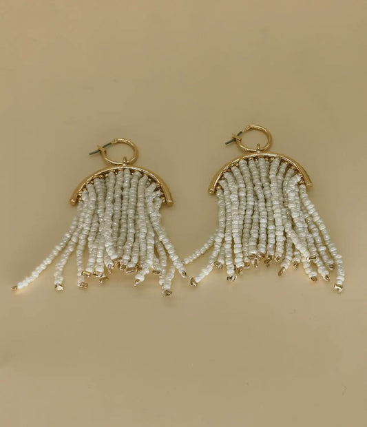 White Bead Curtain Earrings