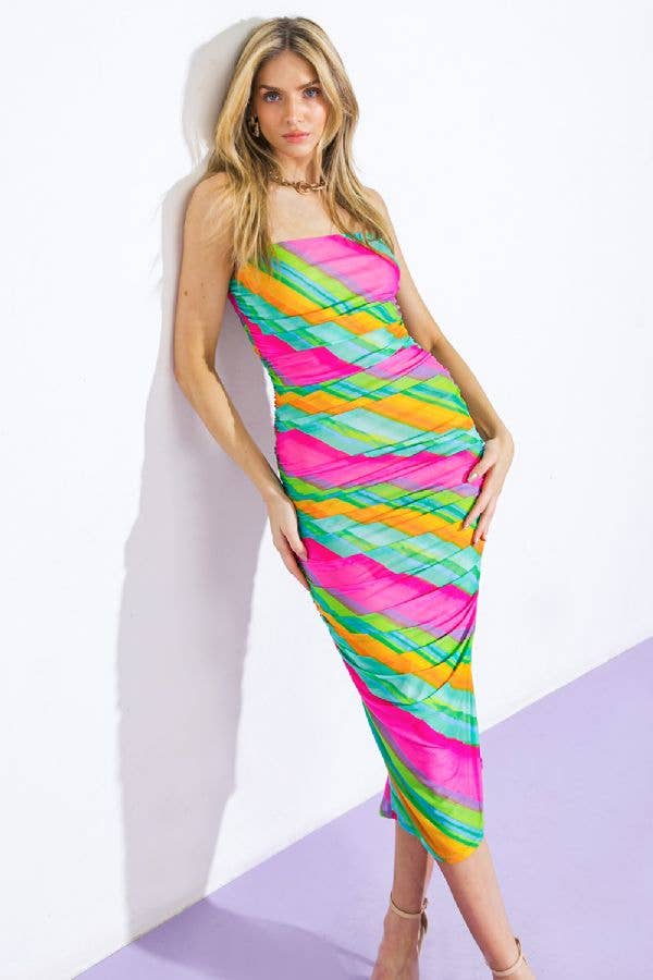 Colorful Ruched Midi Dress