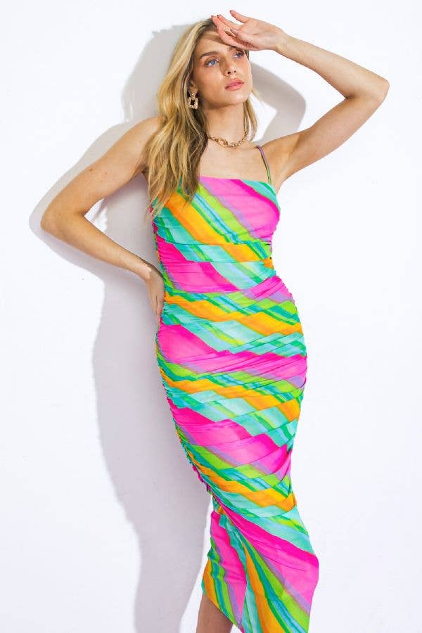 Colorful Ruched Midi Dress