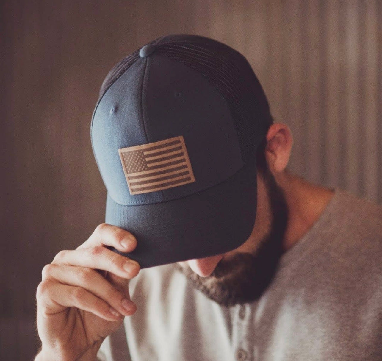 Hat with Leather USA Flag Patch