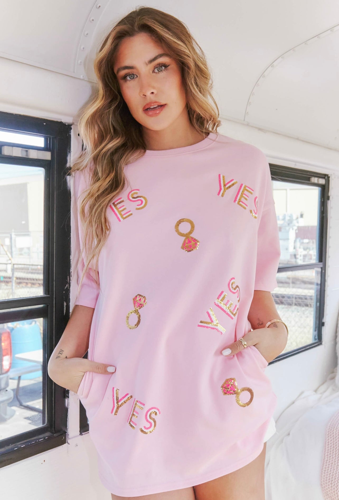 Pink Yes Ring Sequin Tee