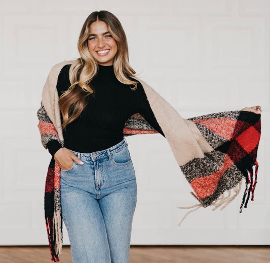 Large Cozy Beige/Red Scarf